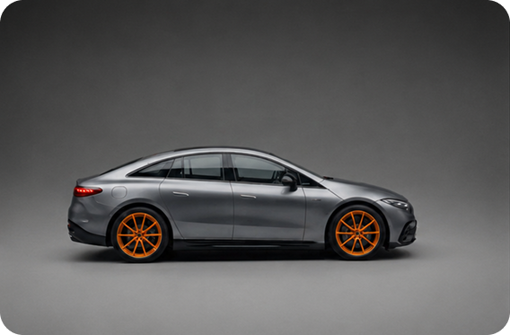 Silver car with orange wheels
